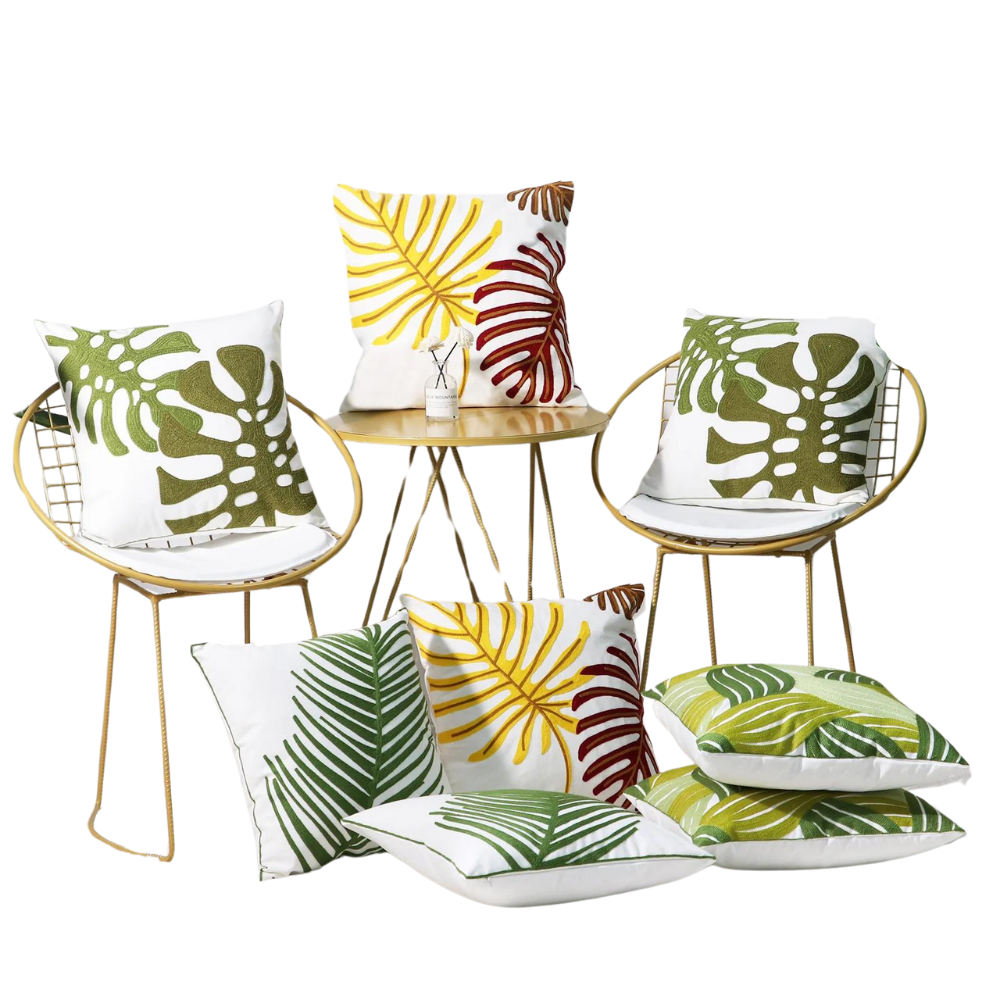 Coussin Jungle Blanc et Grandes Feuilles Déco-exotique.fr