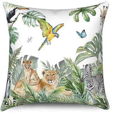 Coussin Jungle Blanc et Animaux Déco-exotique.fr