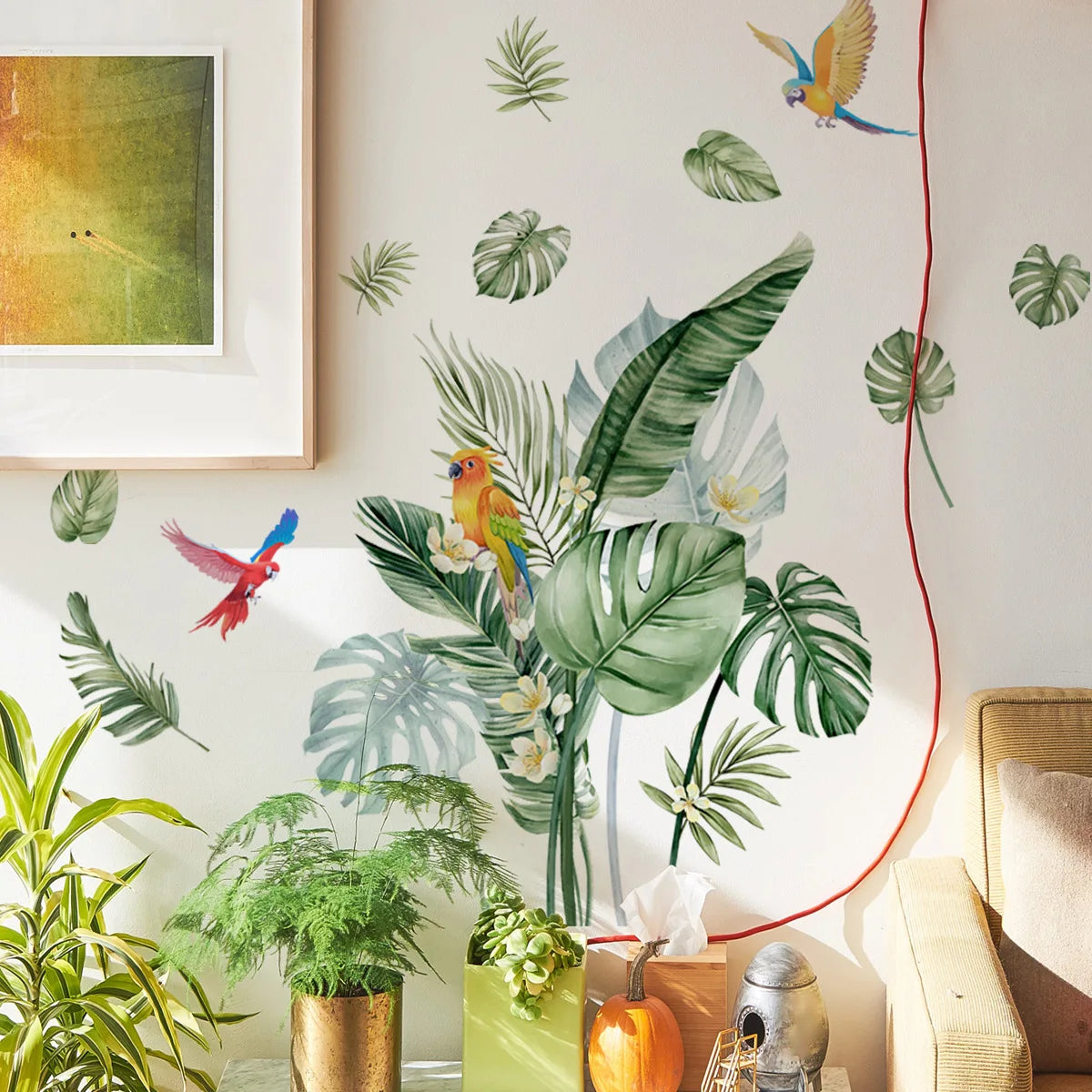 Stickers Tropical Feuillage et Perroquet- Déco Exotique