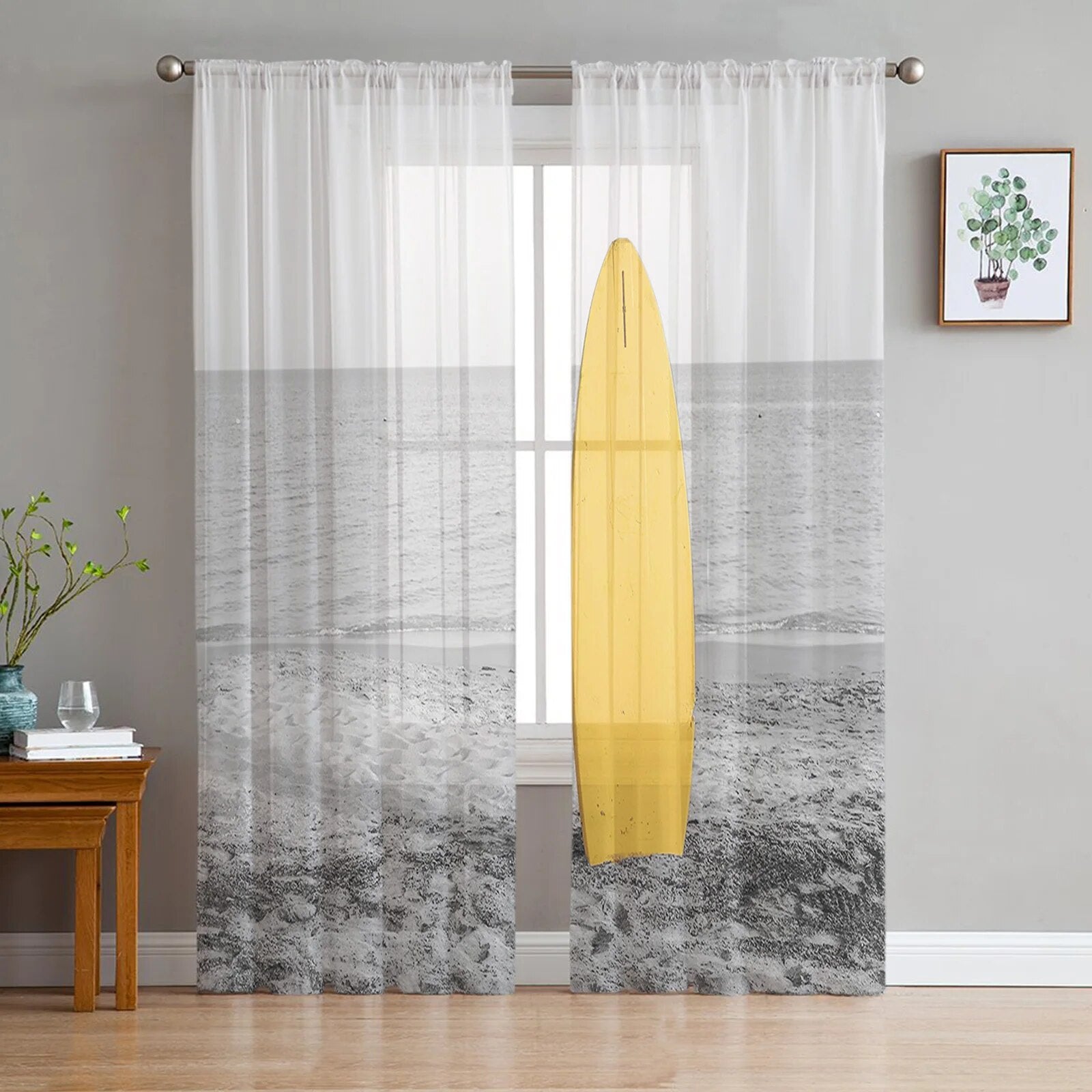 Rideau Tropical Noir et Blanc et Planche Surf Déco-exotique.fr