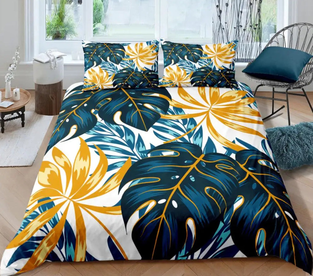 Housse de couette Monstera Bleu et Jaune Déco-exotique.fr