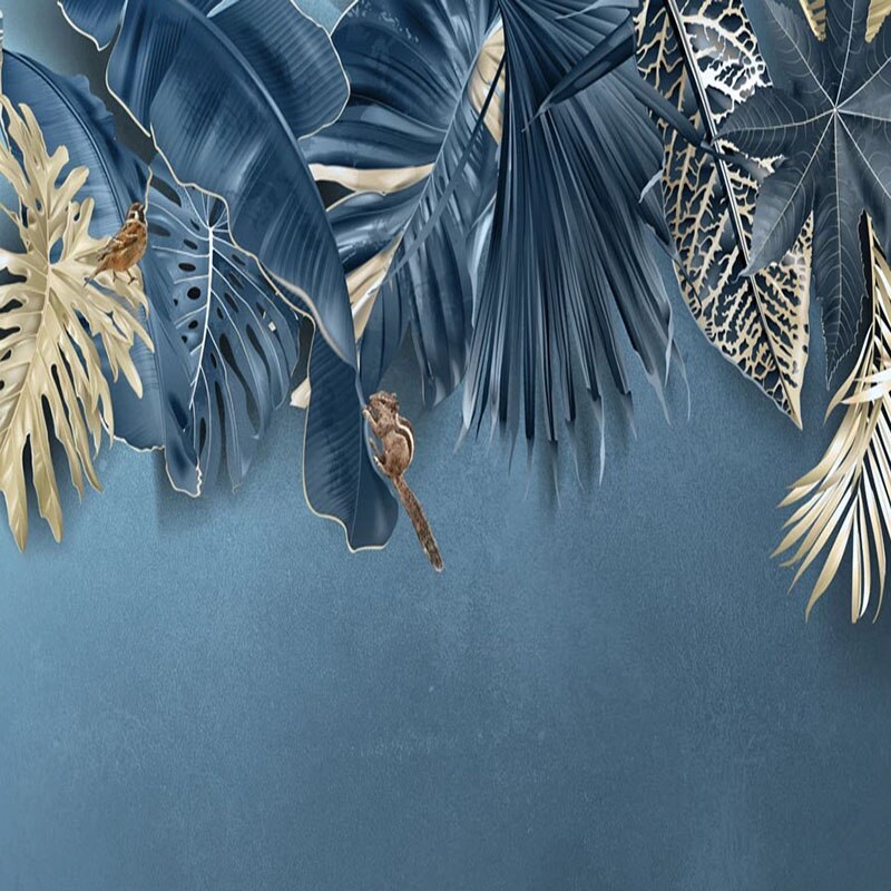 Papier peint Feuillage Bleu et Or Déco-exotique.fr