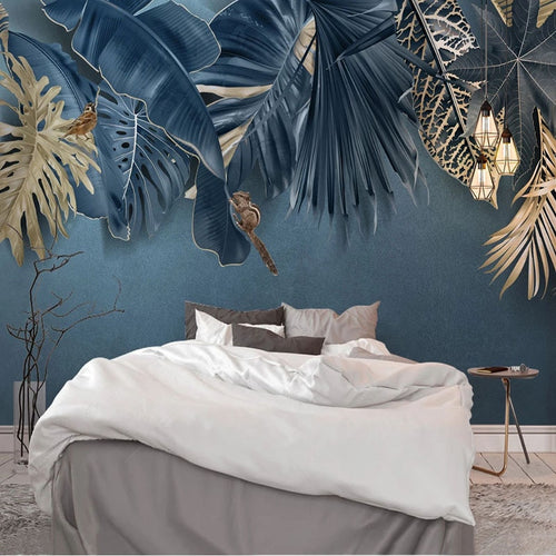 Papier peint Feuillage Bleu et Or Déco-exotique.fr