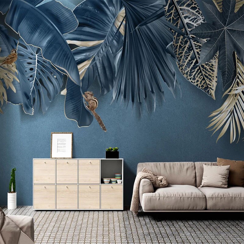 Papier peint Feuillage Bleu et Or Déco-exotique.fr