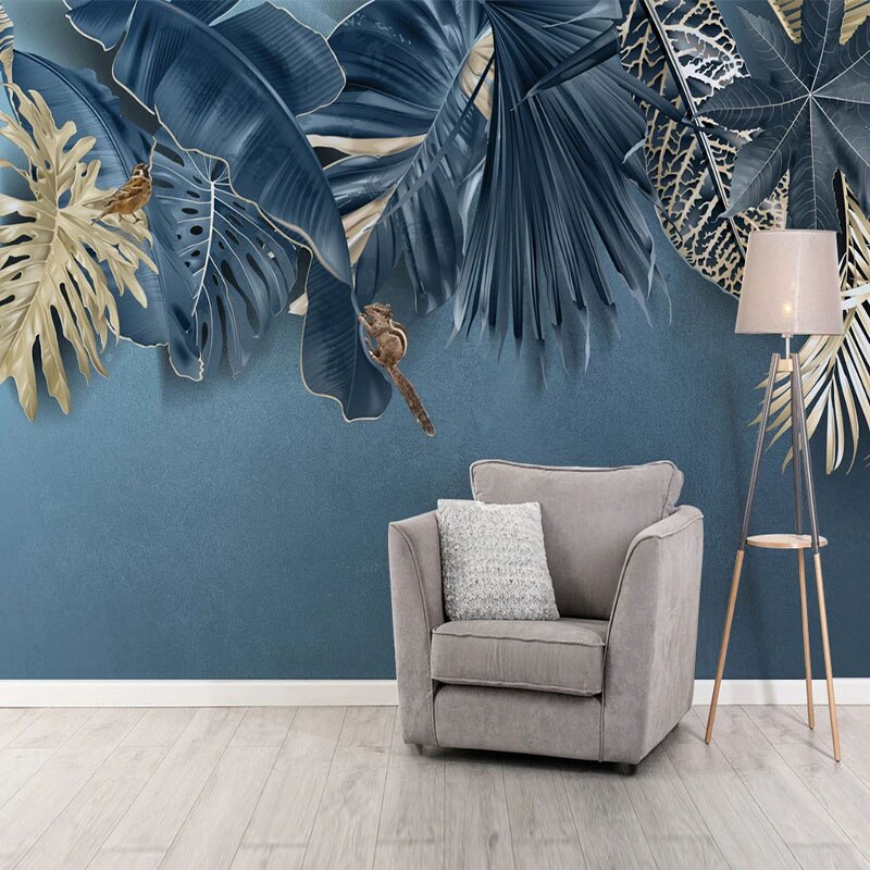 Papier peint Feuillage Bleu et Or Déco-exotique.fr
