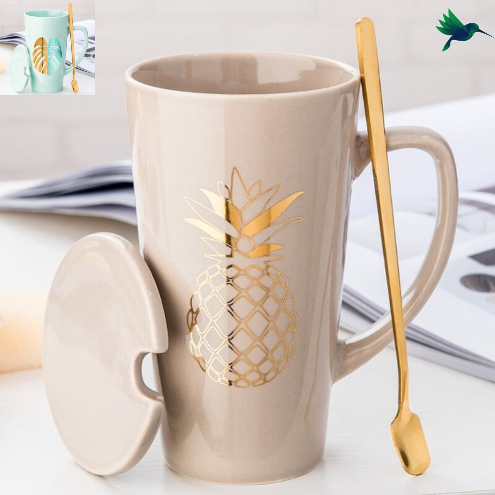 Tasse avec couvercle et cuillère - motif Exotique