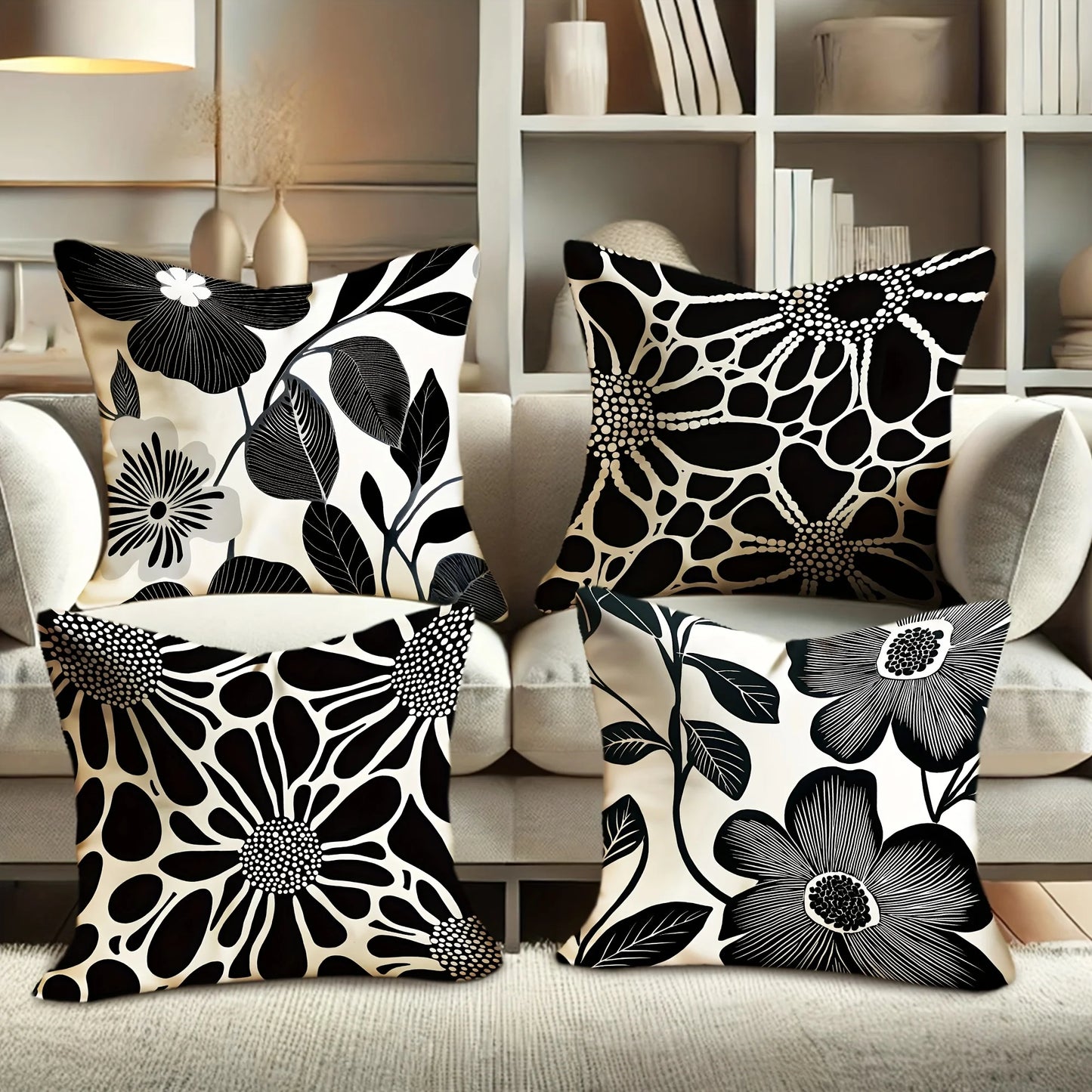 Coussin Feuillage Noir et Blanc