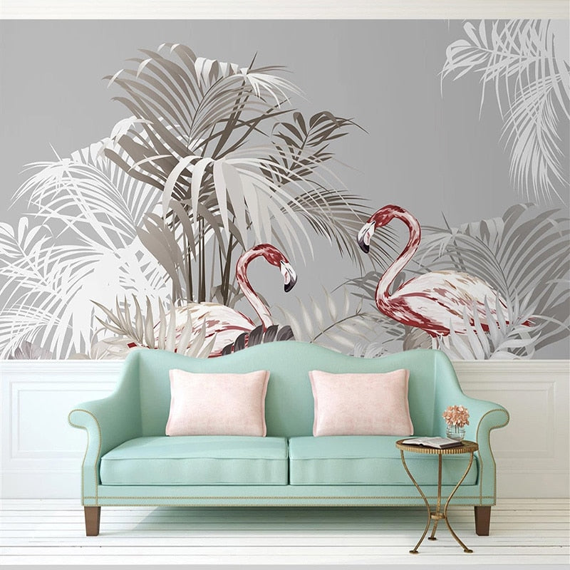 Papier peint Tropical Gris Flamant Rose Déco-exotique.fr