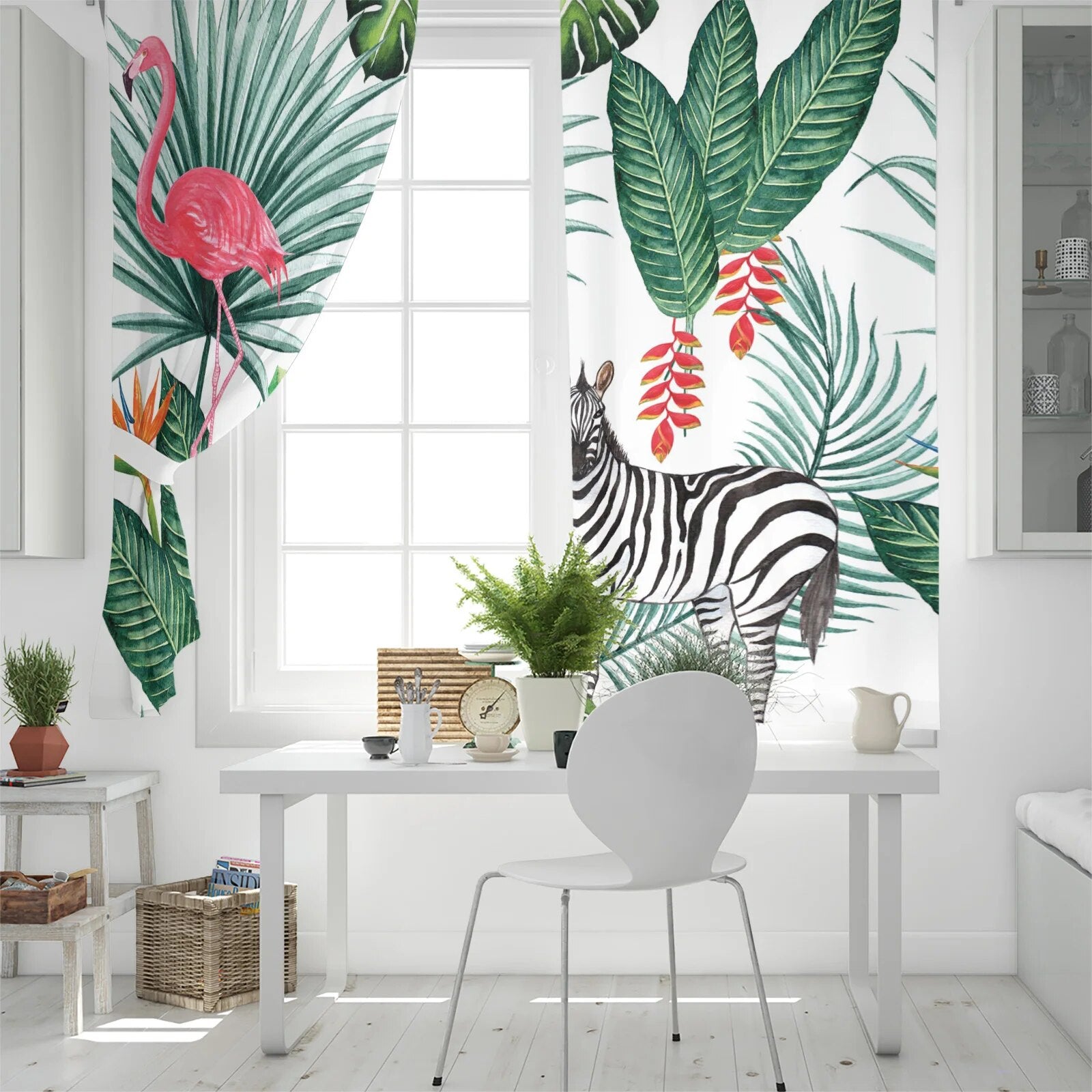 Rideau Tropical Zèbre et Flamant Rose Déco-exotique.fr