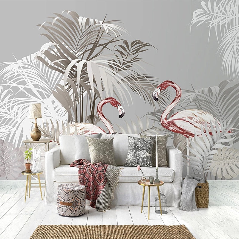 Papier peint Tropical Gris Flamant Rose Déco-exotique.fr