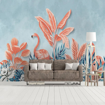 Papier peint Tropical Flamant Rose et Feuillage bleu Déco-exotique.fr