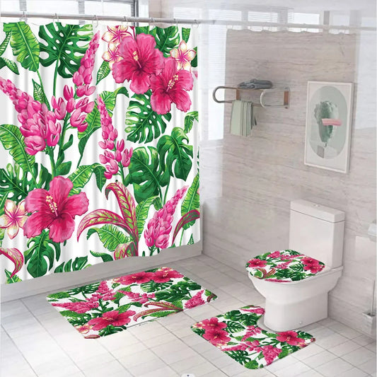 Ensemble Rideau de Douche Tropical Floral et Tapis-Déco Exotique