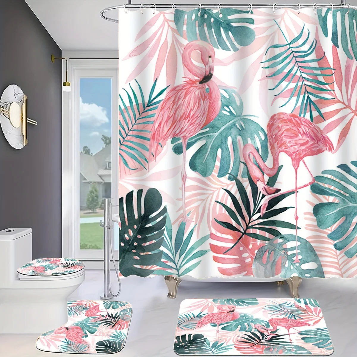 Rideau de Douche Flamant Rose et Tapis-Déco Exotique