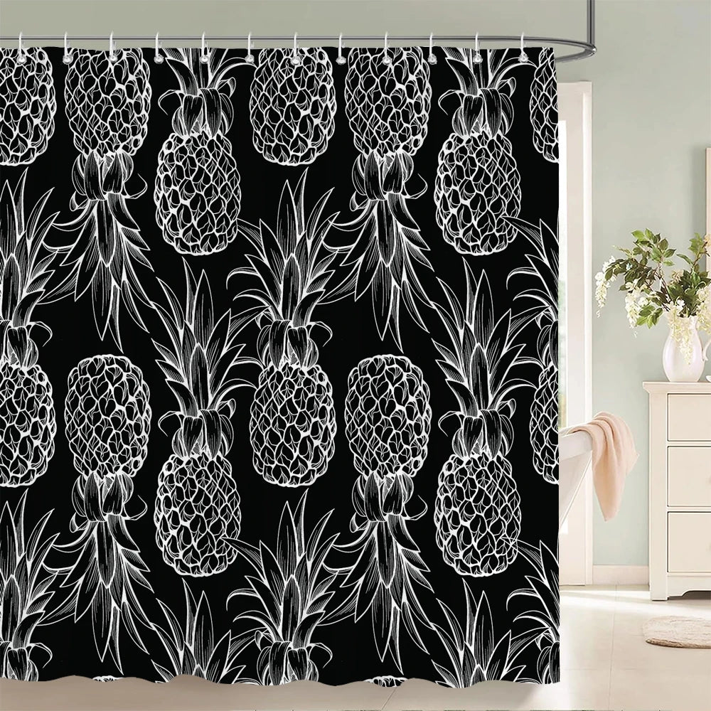 Rideau de Douche Ananas Noir et Blanc-Déco Exotique