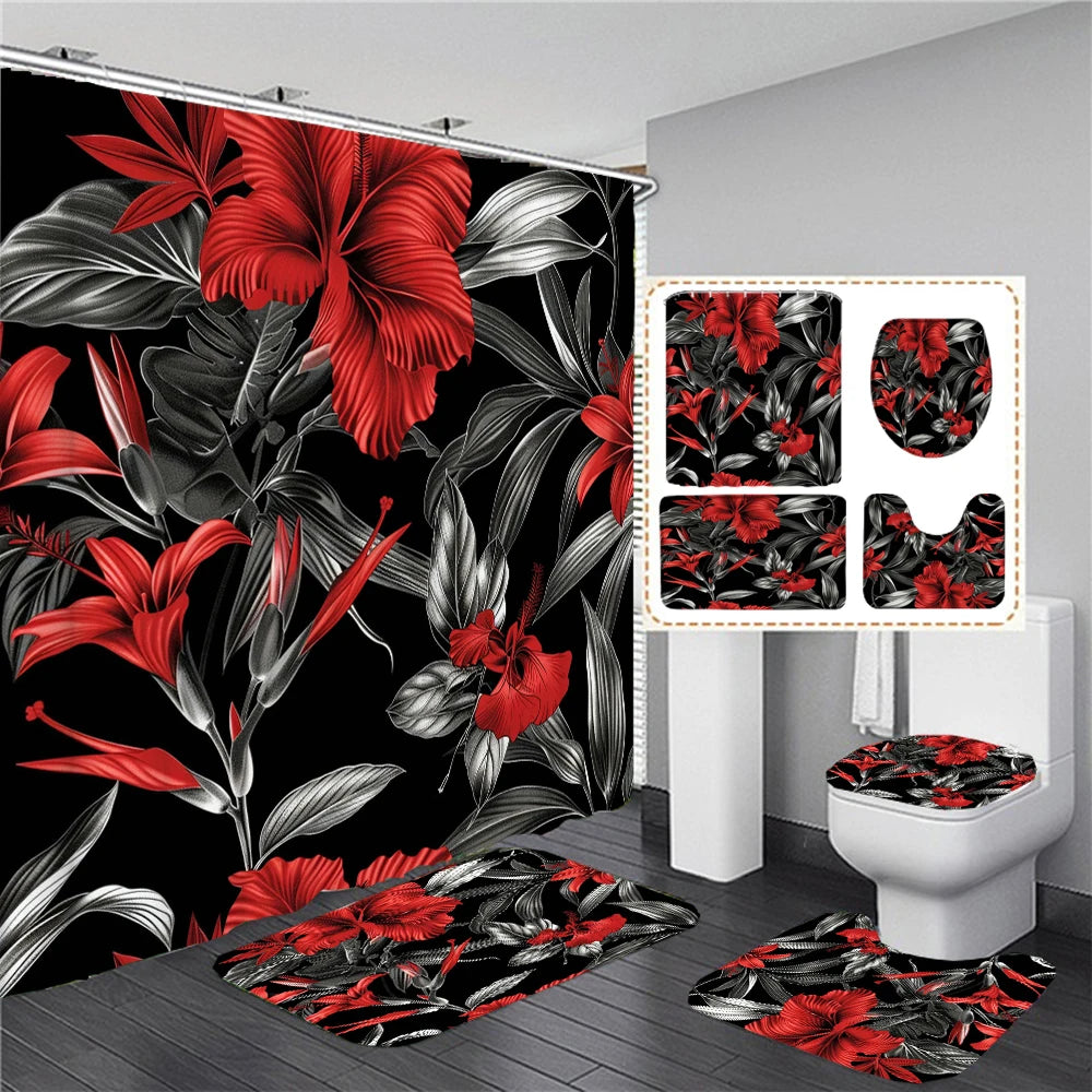 Ensemble Rideau de Douche Jungle Noir et Hibiscus Rouge-Déco Exotique