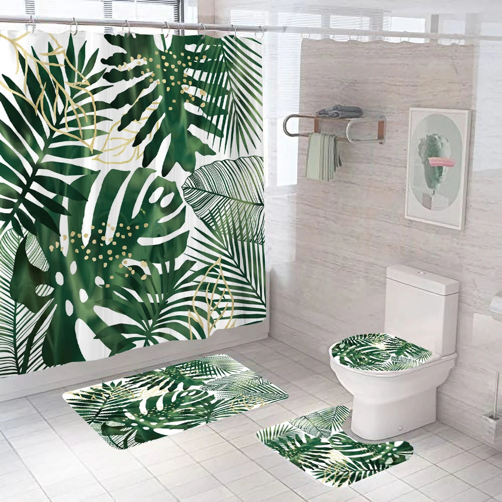 Rideau de douche Jungle Feuillage Monstera et Tapis-Déco Exotique