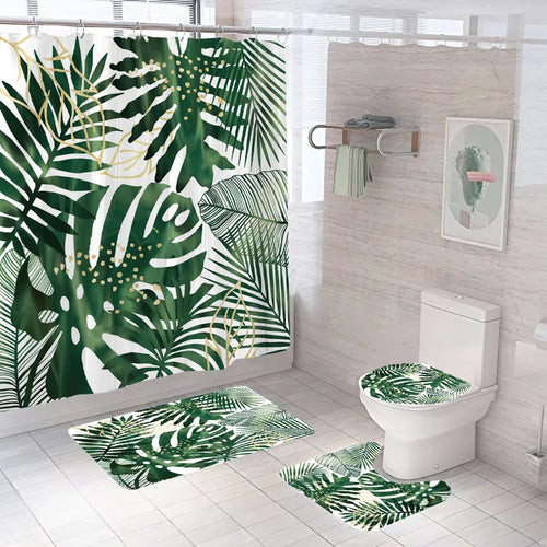 Rideau de douche Jungle Feuillage Monstera et Tapis-Déco Exotique