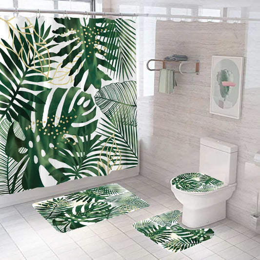 Rideau de douche Jungle Feuillage Monstera et Tapis-Déco Exotique