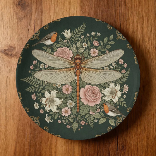 Assiette Décorative Murale Motif Libellule et Fleurs Vintage-Déco Exotique