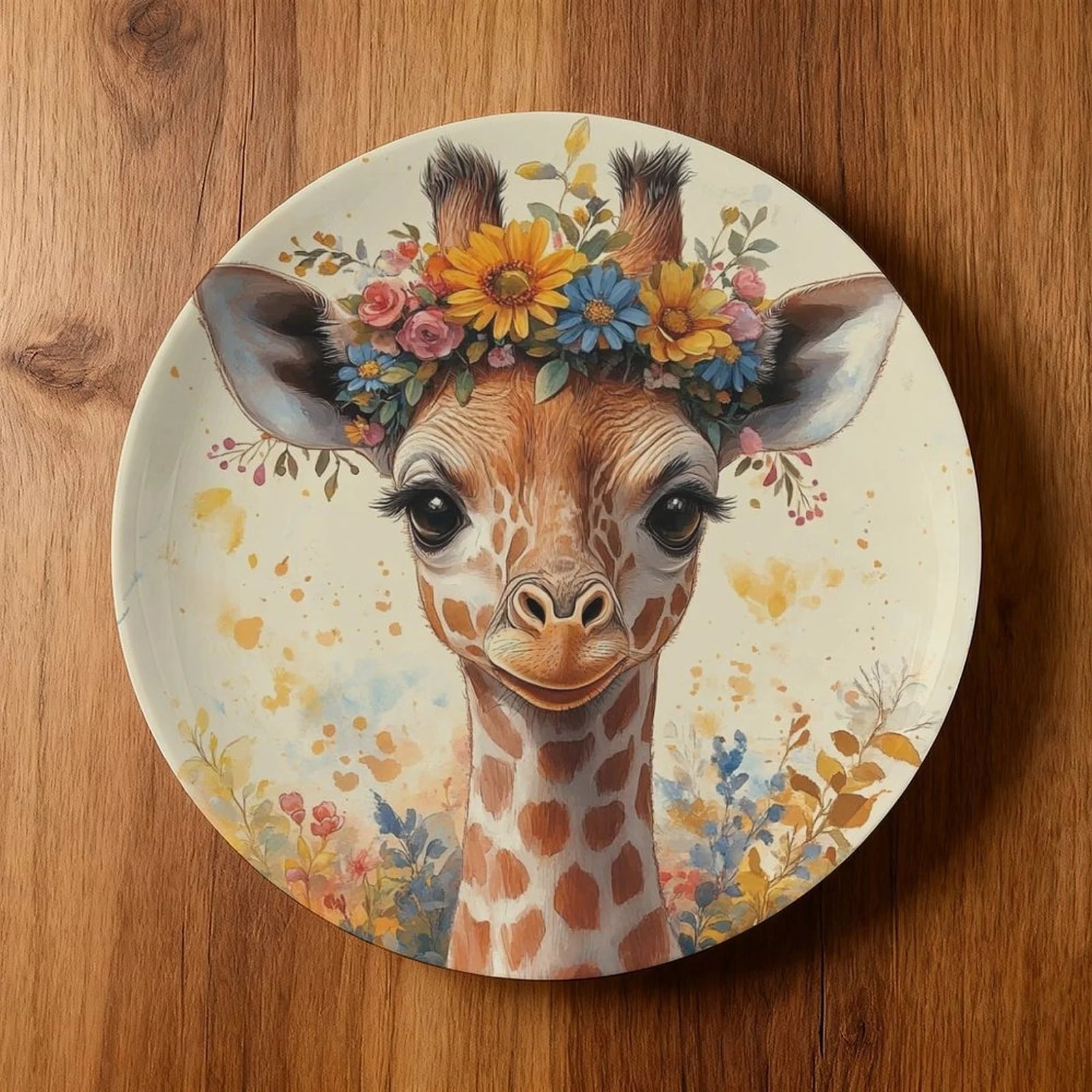 Assiette Décorative Motif Girafe Couronne de Fleurs-Déco Exotique