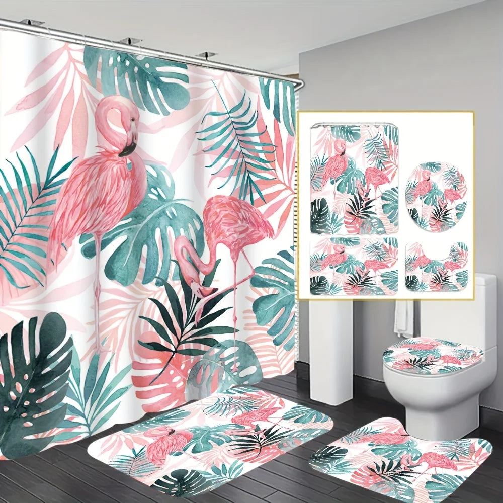 Rideau de Douche Flamant Rose et Tapis-Déco Exotique