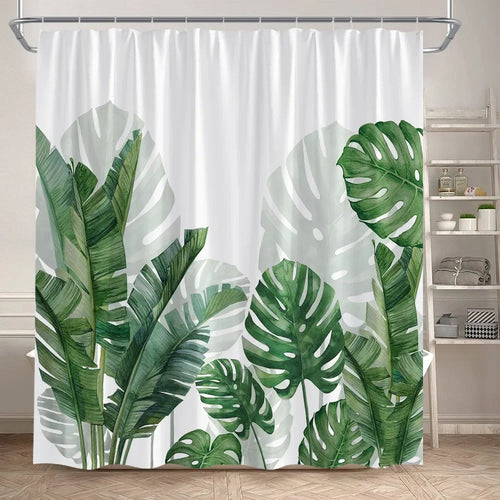Rideau de douche Tropical Vert et Blanc-Déco Exotique