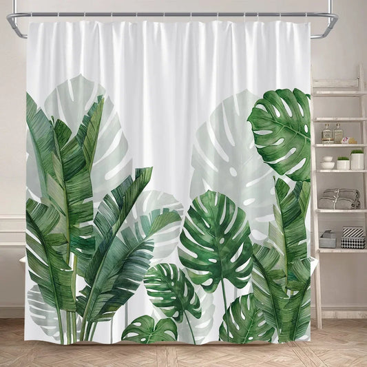 Rideau de douche Tropical Vert et Blanc-Déco Exotique