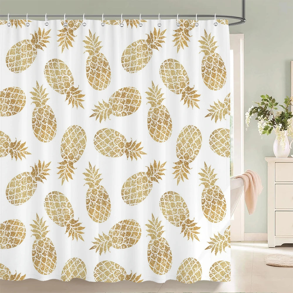 Rideau de Douche Ananas Blanc et Or-Déco Exotique