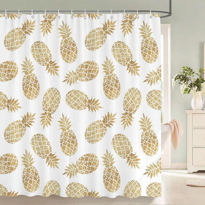 Rideau de Douche Ananas Blanc et Or-Déco Exotique