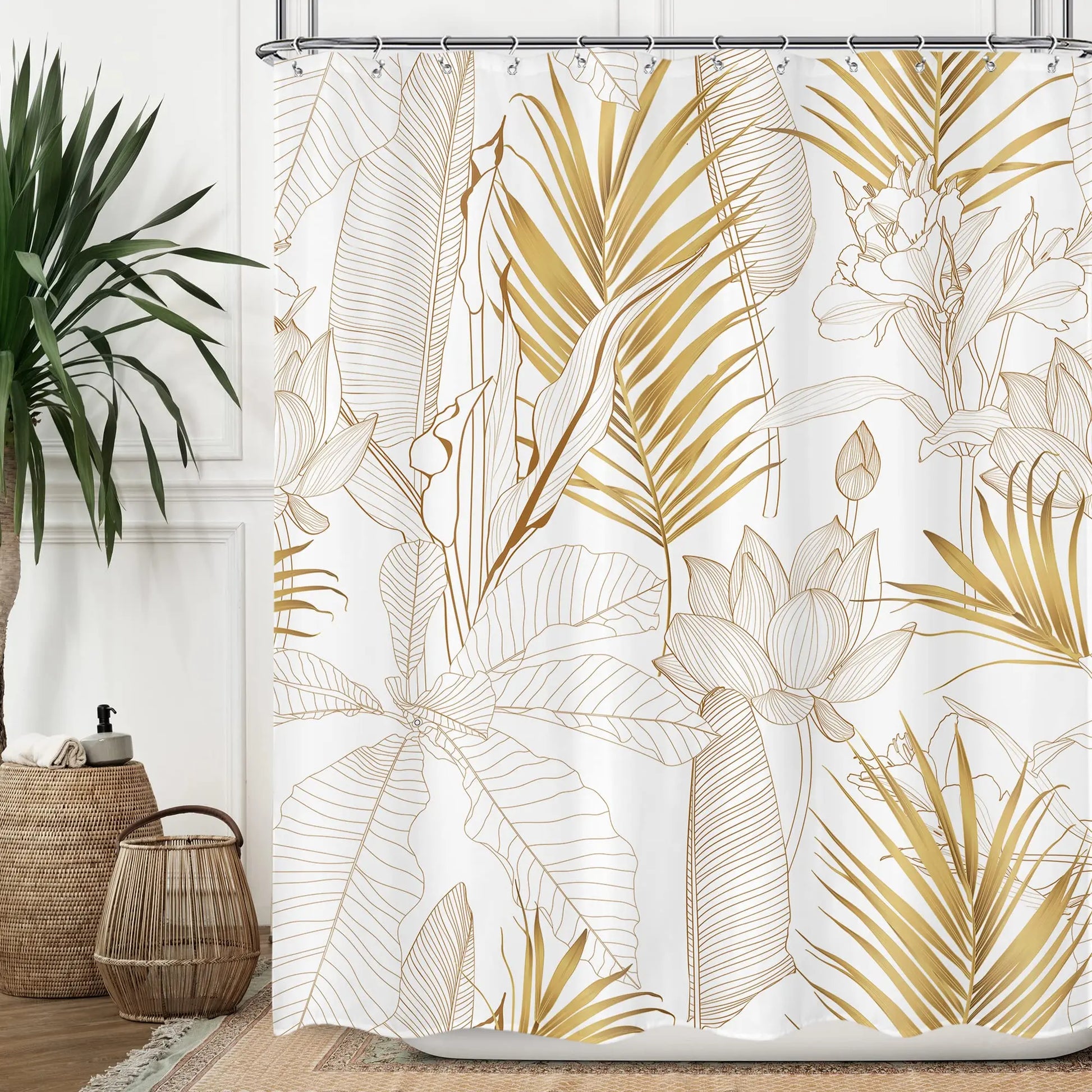 Rideau de douche Jungle Blanc et Or-Déco Exotique