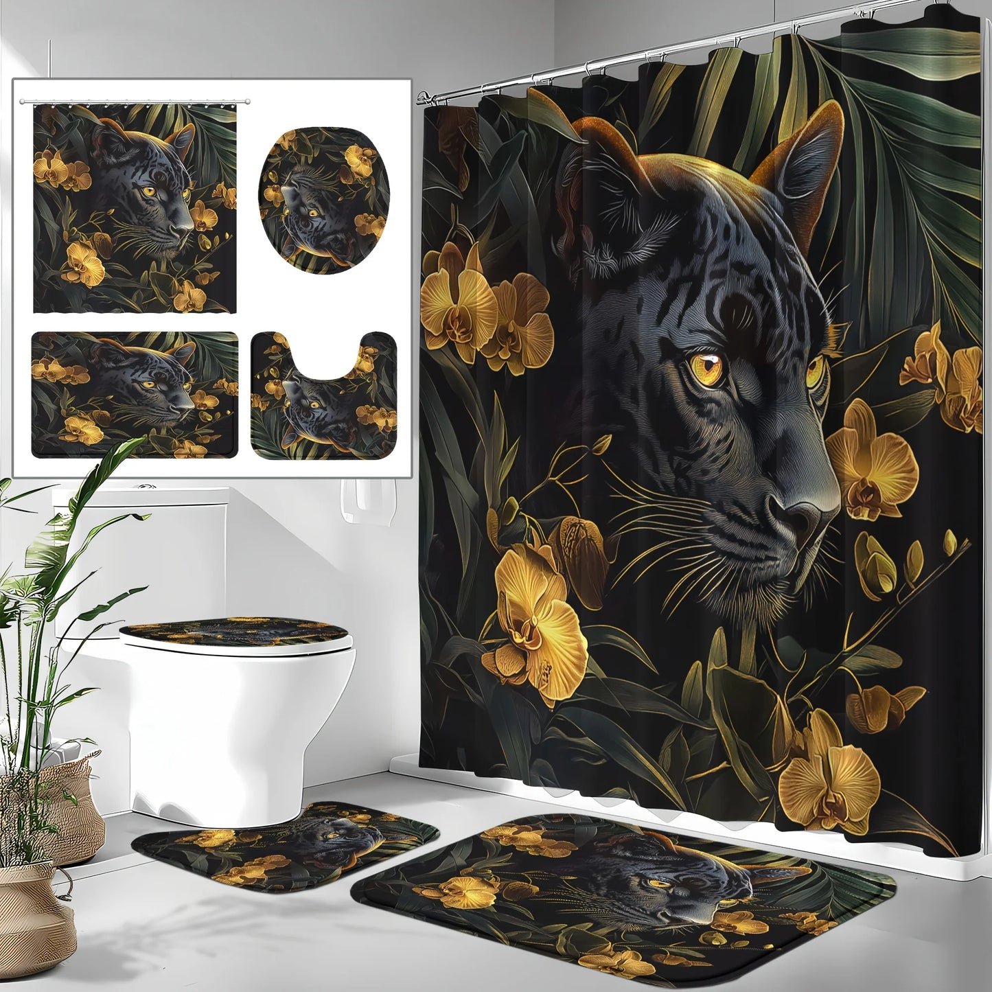 Rideau de douche Jungle Léopard et Tapis-Déco Exotique