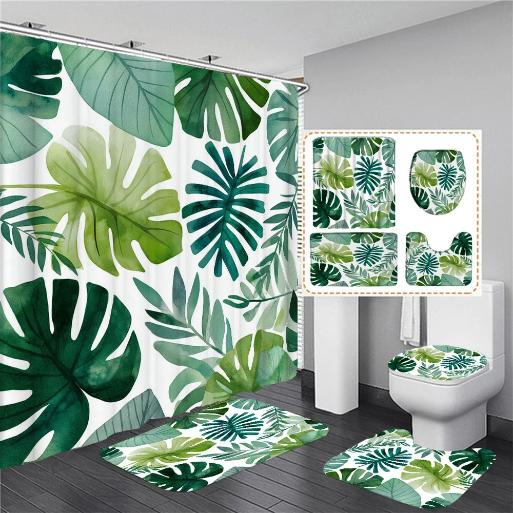 Ensemble Rideau de Douche Jungle Feuille Monstera-Déco Exotique