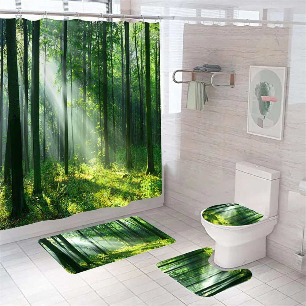 Rideau de douche Forêt Ensoleillée et Tapis-Déco Exotique