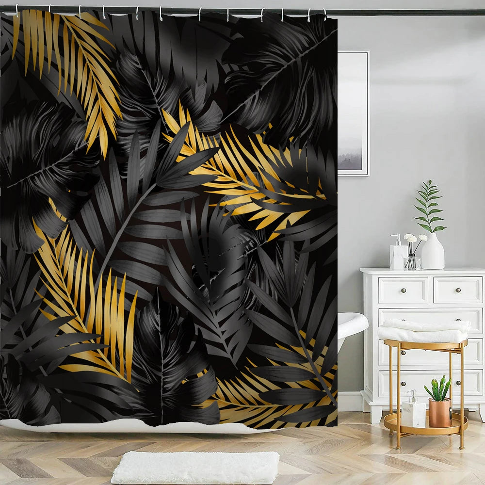 Ensemble Rideau de Douche Jungle Noir et Or-Déco Exotique