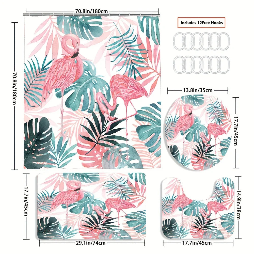 Rideau de Douche Flamant Rose et Tapis-Déco Exotique