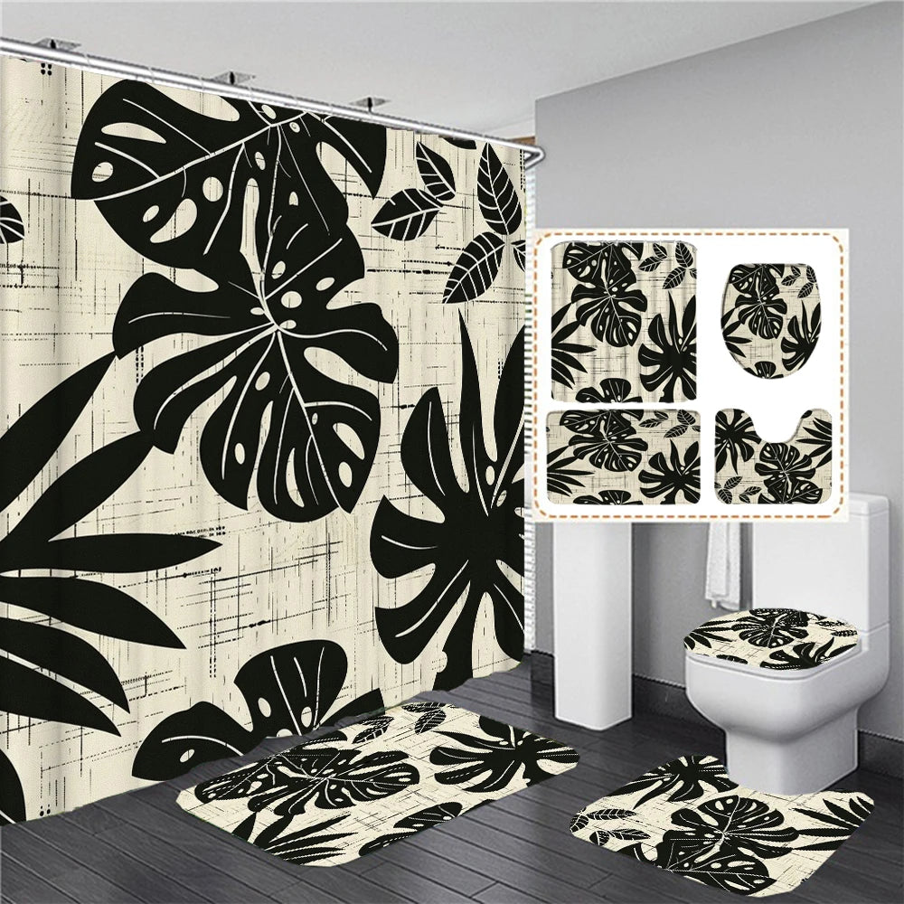 Ensemble Salle de Bain 4 Pièces Motif Monstera Noir et Crème-Déco Exotique
