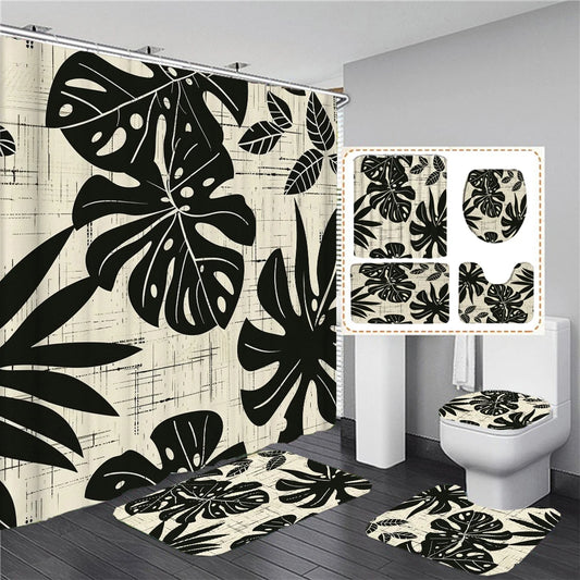 Ensemble Salle de Bain 4 Pièces Motif Monstera Noir et Crème-Déco Exotique