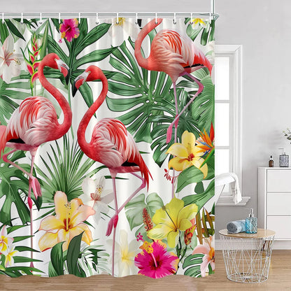 Rideau de douche Flamant Rose et Fleurs
