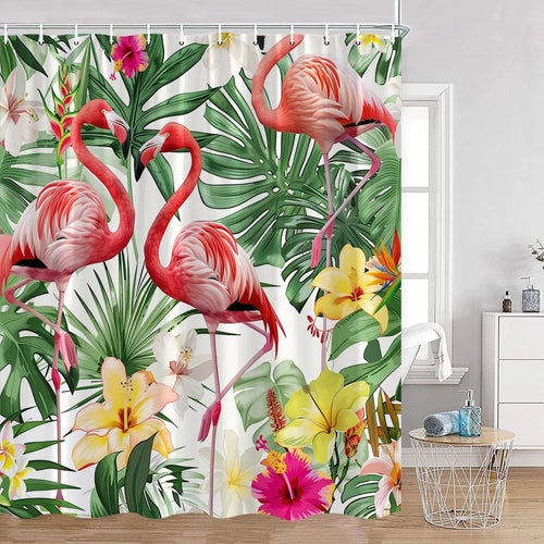 Rideau de douche Flamant Rose et Fleurs