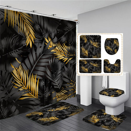 Ensemble Rideau de Douche Jungle Noir et Or-Déco Exotique
