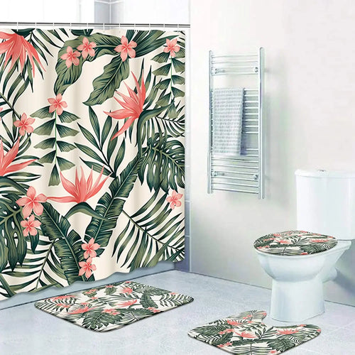 Ensemble Rideau de douche Tropical Vert et Rose et Tapis