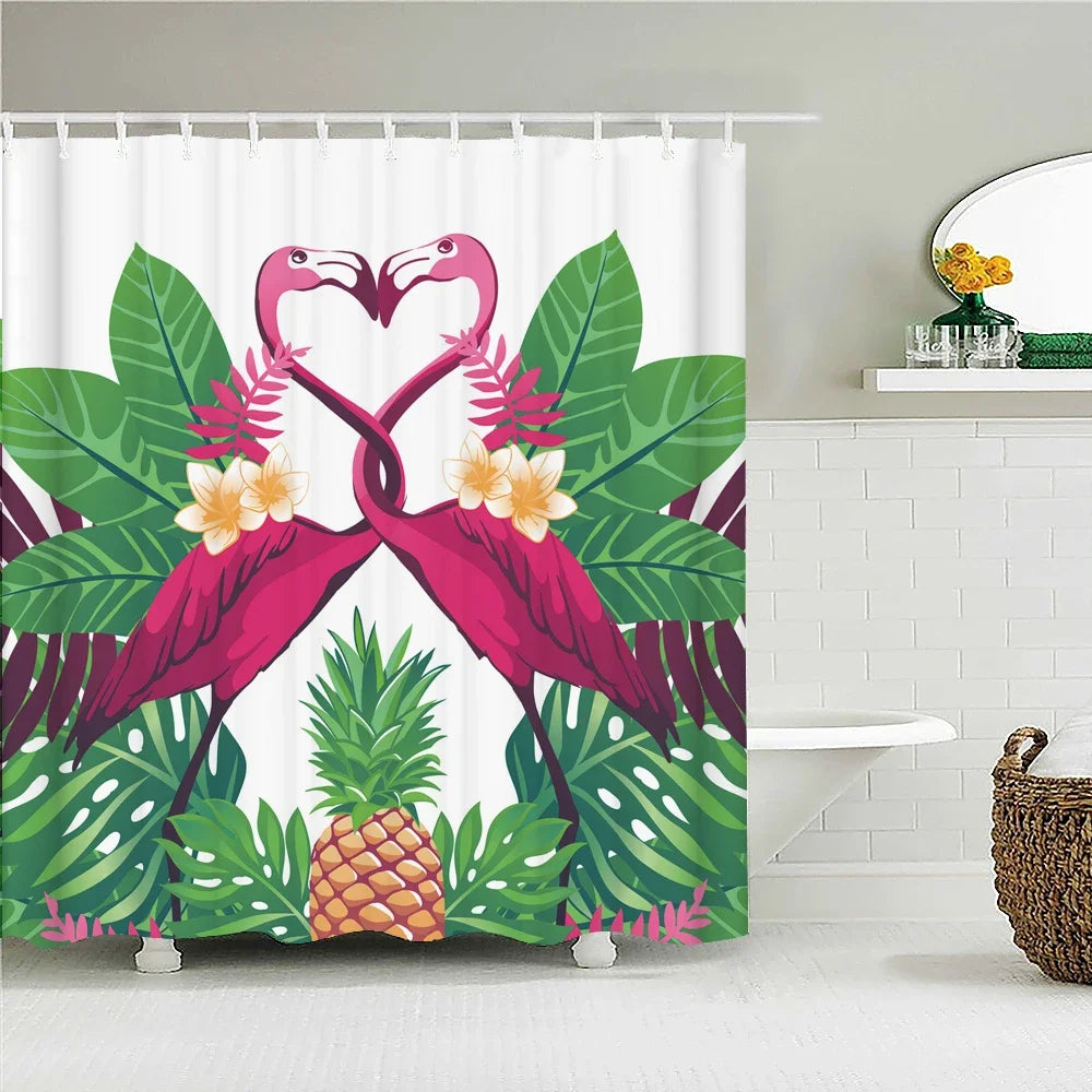 Rideau de douche Tropical Couple Flamant Rose-Déco Exotique
