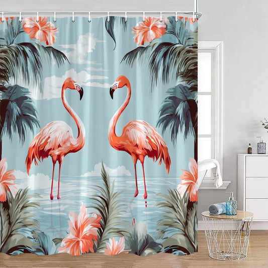 Rideau de Douche Flamant Rose sur Lagon Bleu