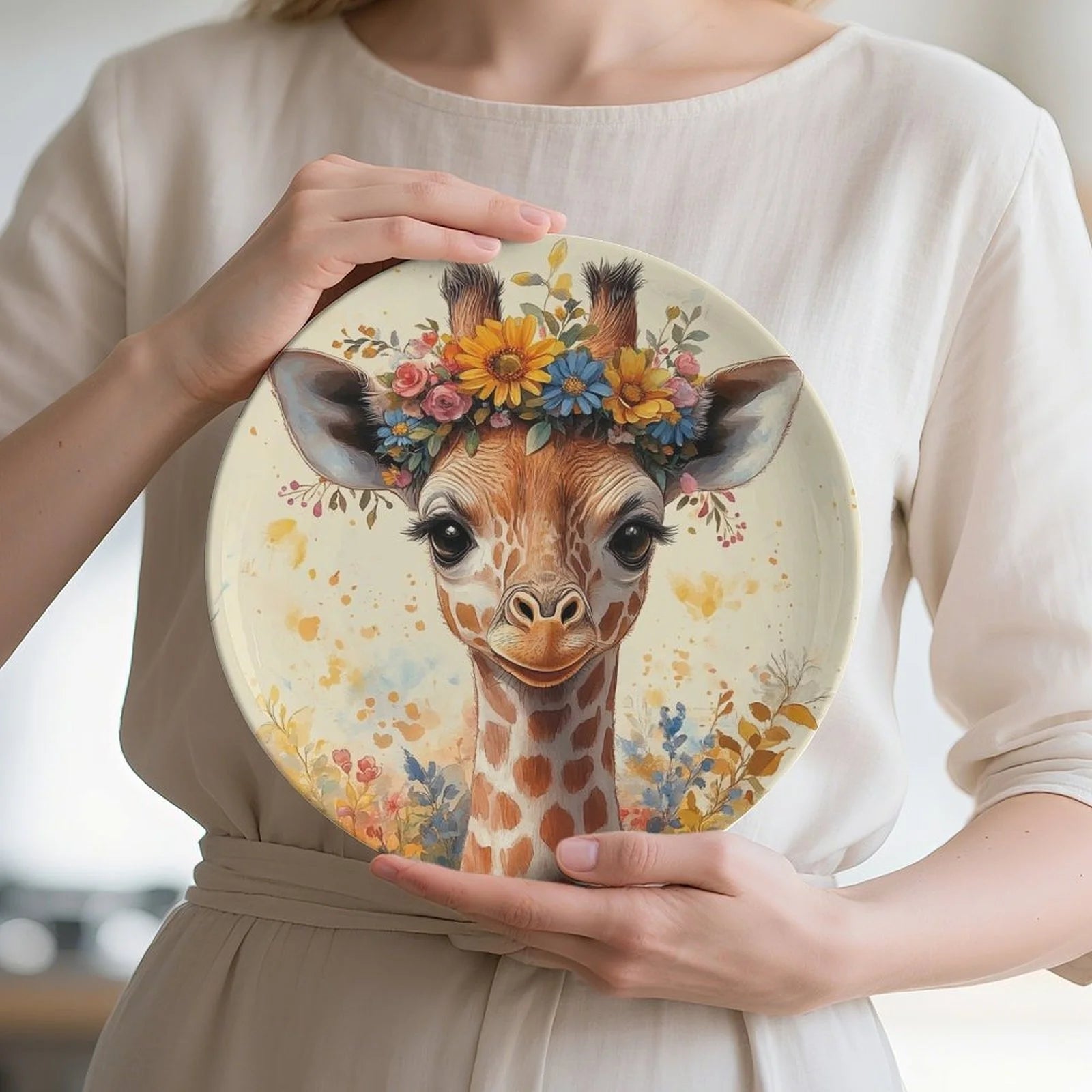 Assiette Décorative Motif Girafe Couronne de Fleurs-Déco Exotique