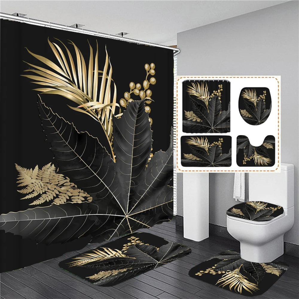 Rideau de douche Jungle Noir et Or et Tapis-Déco Exotique