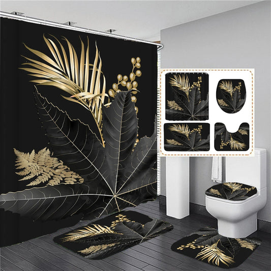 Rideau de douche Jungle Noir et Or et Tapis-Déco Exotique