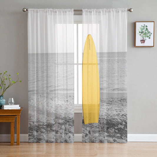 Rideau Tropical Noir et Blanc et Planche Surf Déco-exotique.fr