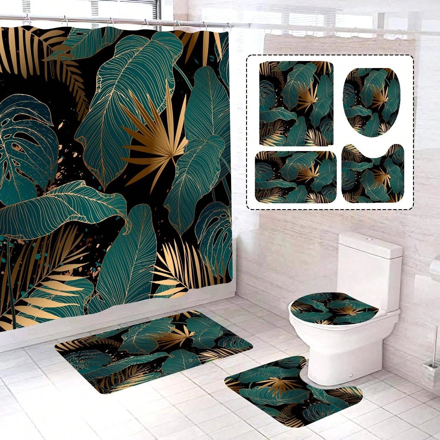 Rideau de douche Jungle Vert et Or-Déco Exotique