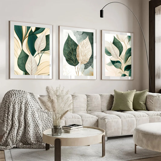Poster Feuille Vert et Beige - Lot de 3- Déco Exotique