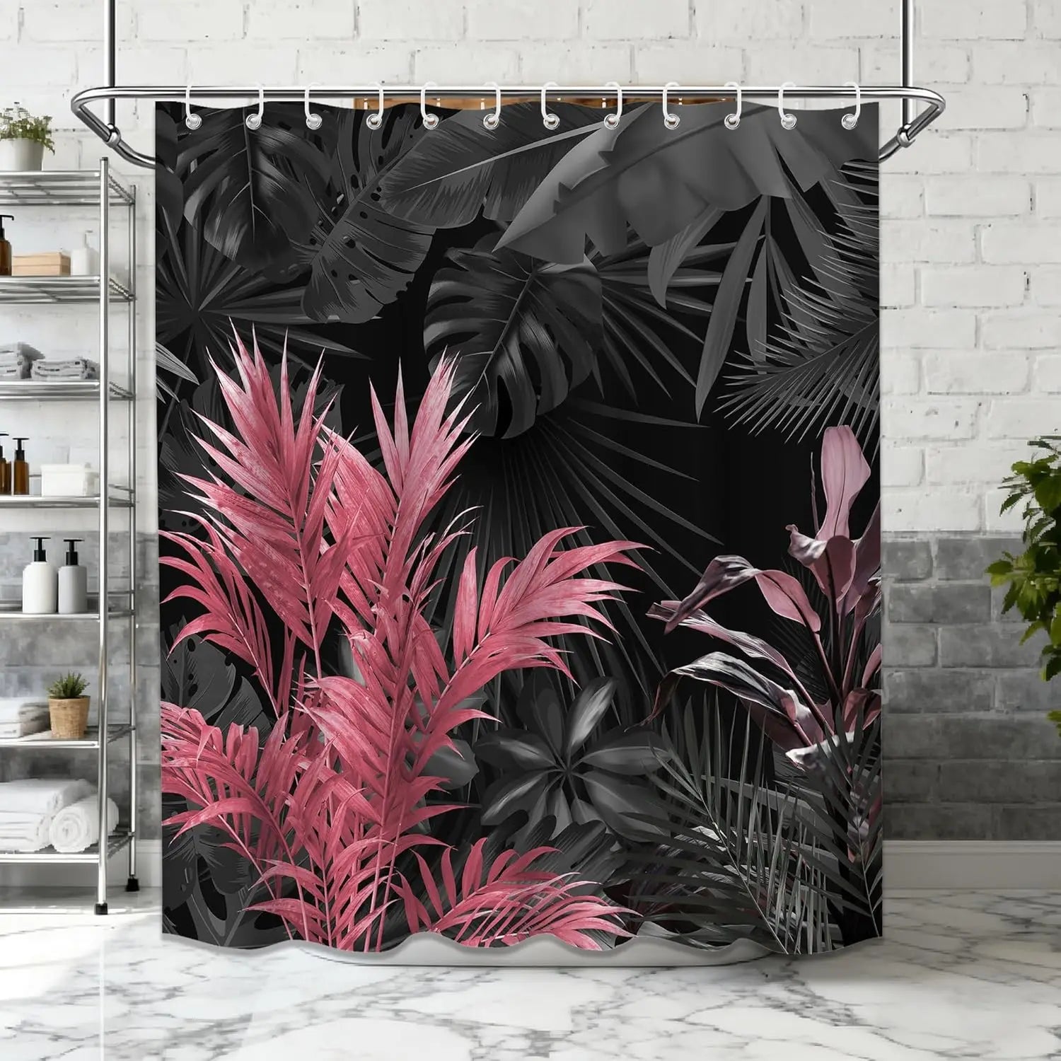 Rideau de Douche Tropical Noir et Rose-Déco Exotique